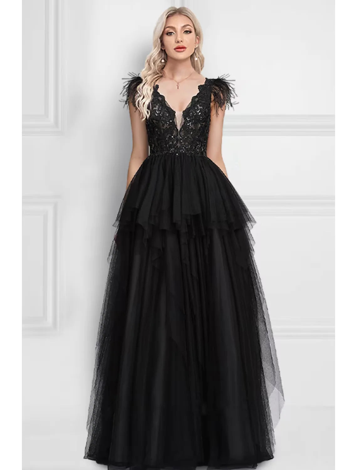 Wholesa A-Line Prom Dresses Black Dress Wedding Party Floor Length Sleeveless V Neck Tulle with Feather Appliques
