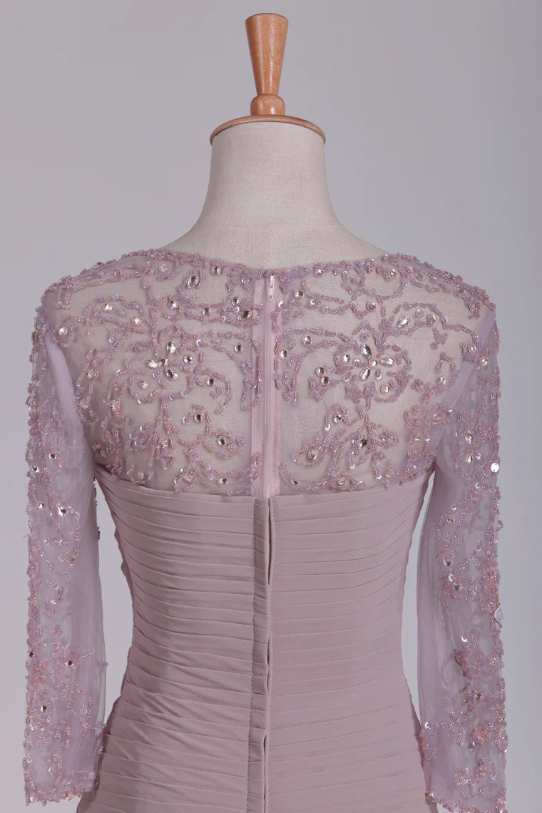 Wholesa Beaded Ruched 3/4 Length Sleeves Sheath Chiffon Mother Of The Bride Dresses