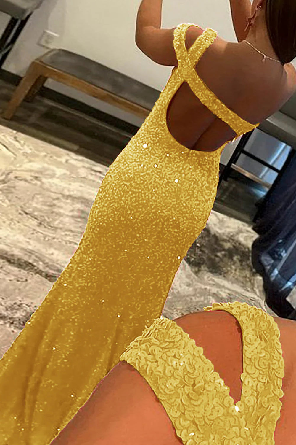 Wholesa Mermaid One Shoulder Column Sweep Train Sequins Split Beaded Prom Dress with Slit