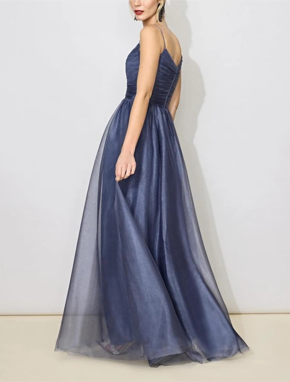 Wholesa  A-Line Bridesmaid Dress V Neck Sleeveless Elegant Floor Length Tulle with Ruching