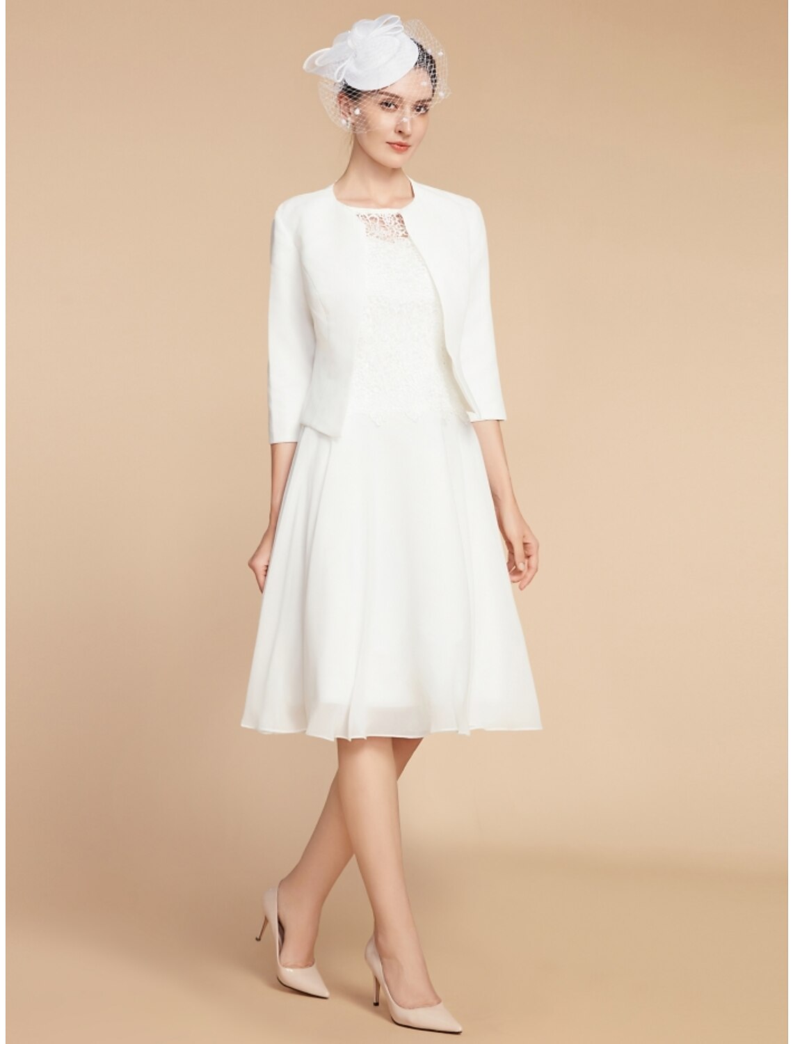 Wholesa Two Piece A-Line Mother of the Bride Dress Wedding Guest Elegant Petite Jewel Neck Knee Length Chiffon Lace 3/4 Length Sleeve with Pleats Solid Color