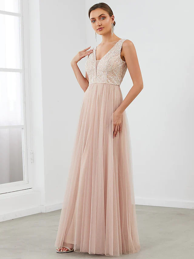 Wholesa A-Line Evening Gown Elegant Dress Wedding Guest Floor Length Sleeveless V Neck Tulle V Back with Sequin Draping