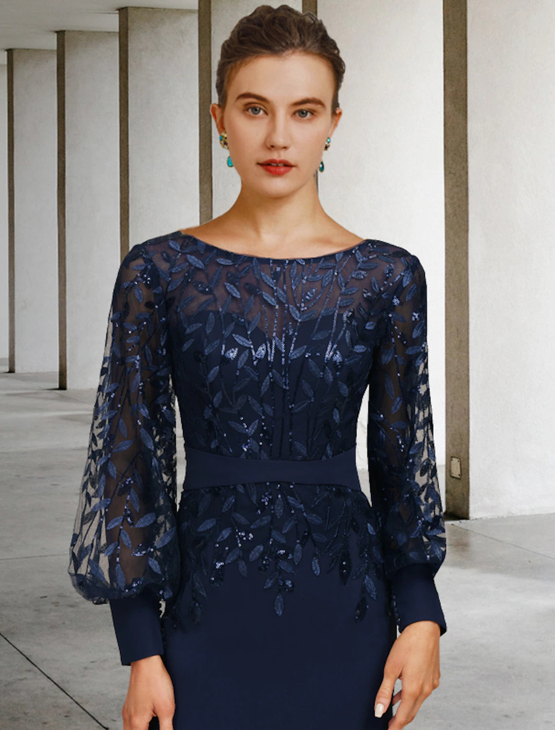 wholesale  Mermaid / Trumpet Mother of the Bride Dress Wedding Guest Vintage Elegant Jewel Neck Sweep / Brush Train Chiffon Lace Long Sleeve with Sequin Ruffles Fall