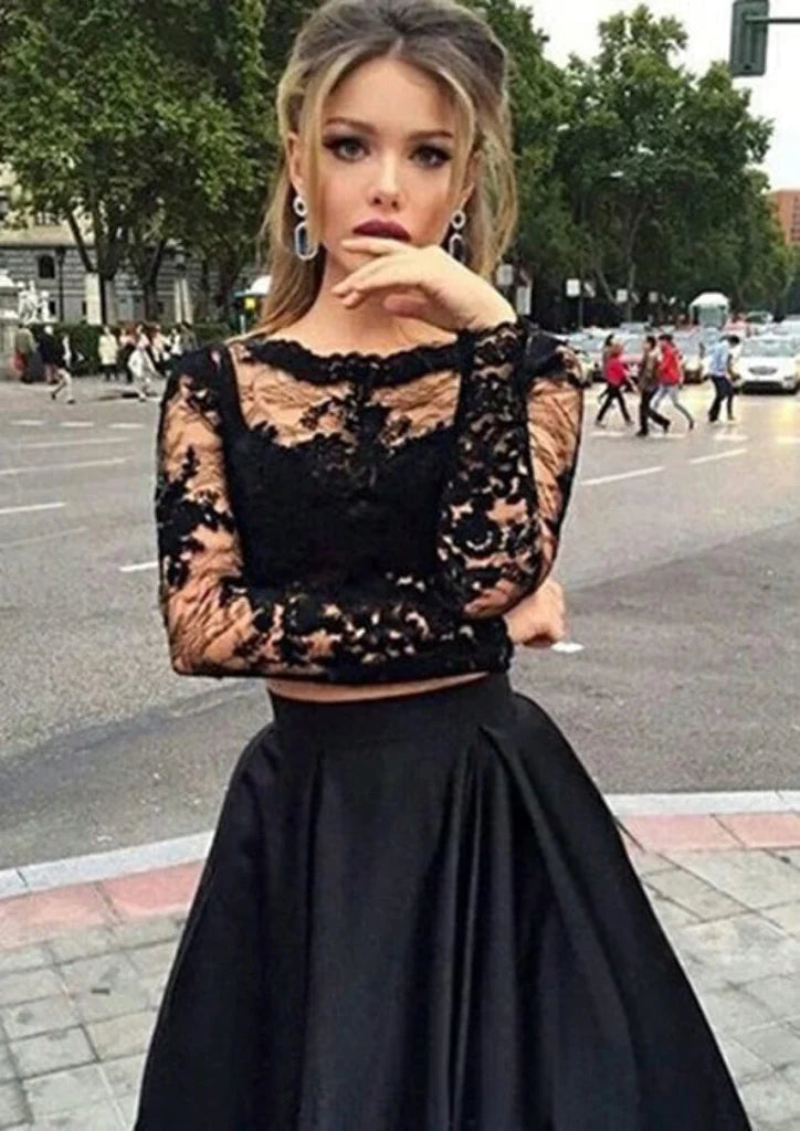 Wholesa Bateau Crop Tops Long Satin A-Line Skirt 2 Piece Set Black Prom Dress