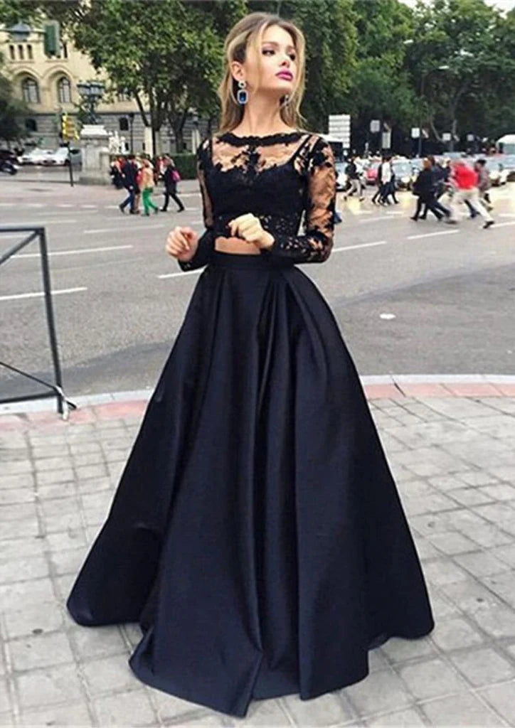 Wholesa Bateau Crop Tops Long Satin A-Line Skirt 2 Piece Set Black Prom Dress