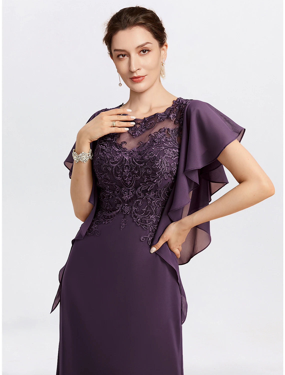 Wholesa Sheath Mother of the Bride Dress Cape Dress Formal Wedding Guest Elegant Jewel Neck Floor Length Chiffon Short Sleeve with Beading Appliques