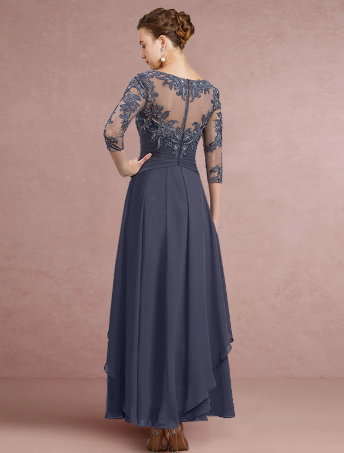 wholesale  Sheath / Column Mother of the Bride Dress Wedding Guest Simple Elegant Jewel Neck Ankle Length Chiffon Lace 3/4 Length Sleeve with Pleats Sequin