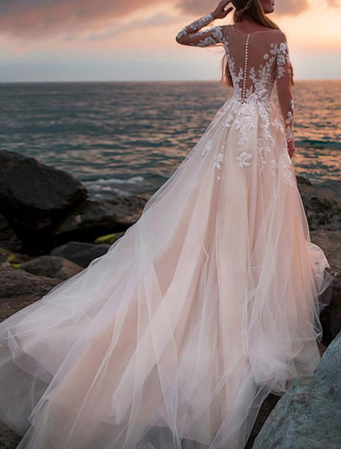 Wholesa Beach Open Back Wedding Dresses A-Line Illusion Neck Long Sleeve Court Train Lace Bridal Gowns With Appliques