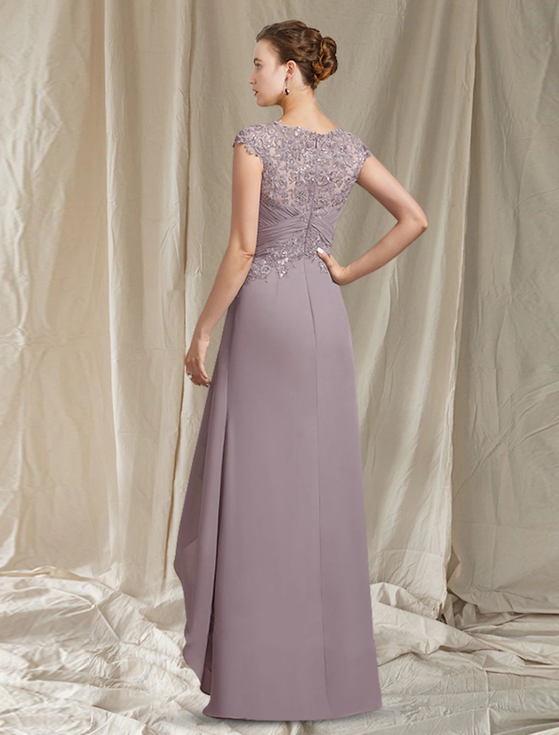 wholesale  A-Line Mother of the Bride Dress Elegant High Low Jewel Neck Asymmetrical Floor Length Chiffon Lace Short Sleeve with Pleats Sequin Appliques