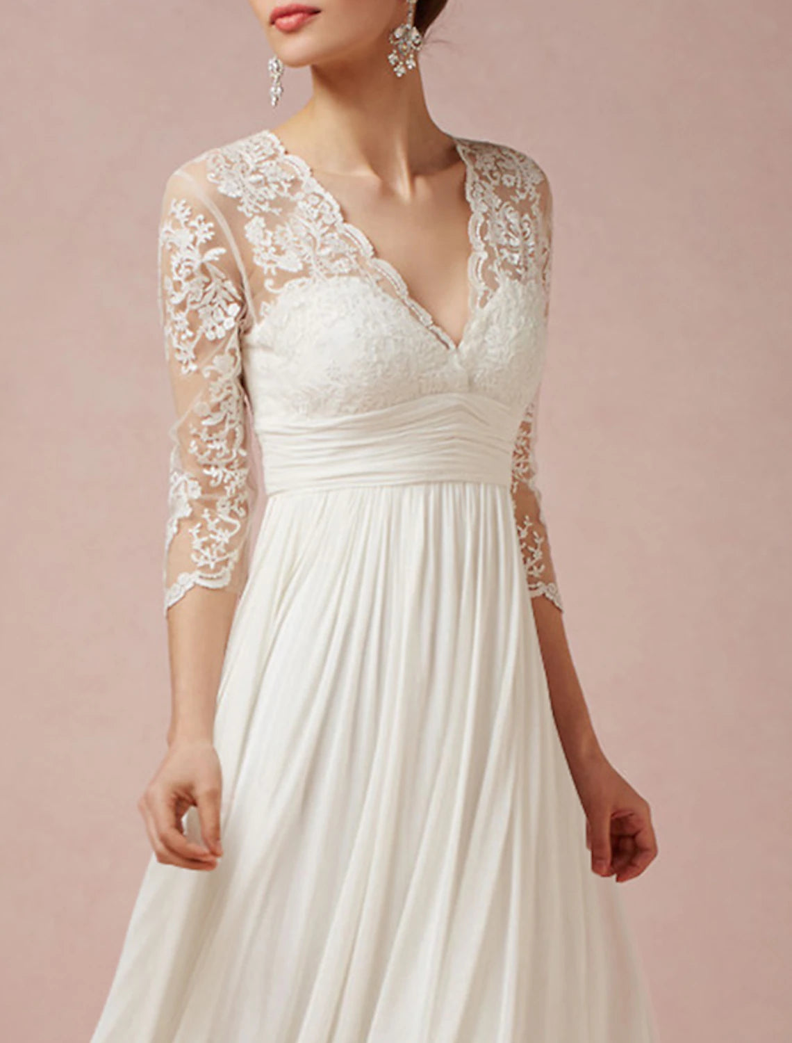 Wholesa Mature Wedding Dresses Sheath / Column V Neck 3/4 Length Sleeve Asymmetrical Chiffon Bridal Gowns With Pleats Ruched