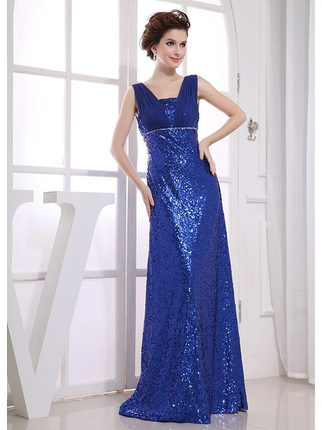 Wholesa Sheath / Column Sparkle Wedding Guest Engagement Formal Evening Dress V Neck Sleeveless Floor Length Chiffon with Beading