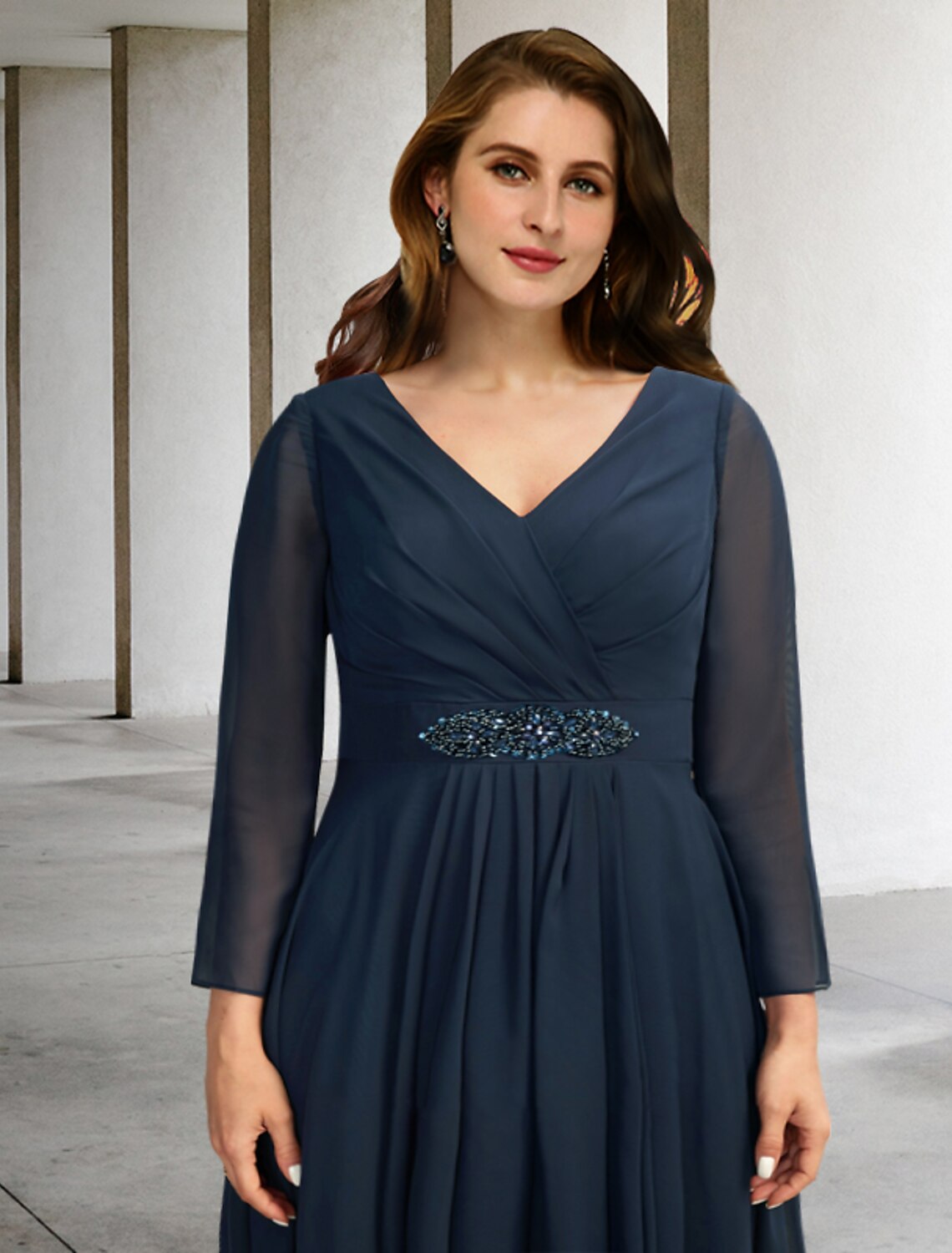 wholesale  A-Line Mother of the Bride Dresses Plus Size Hide Belly Curve Elegant Dress Formal Asymmetrical Long Sleeve V Neck Chiffon with Pleats Crystals
