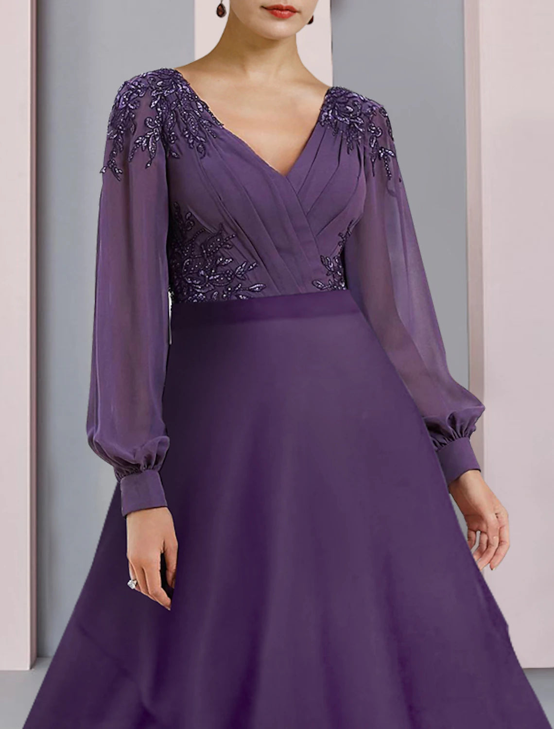 wholesale  Sheath / Column Mother of the Bride Dress Wedding Guest Party Elegant V Neck Asymmetrical Chiffon Lace Long Sleeve with Ruching