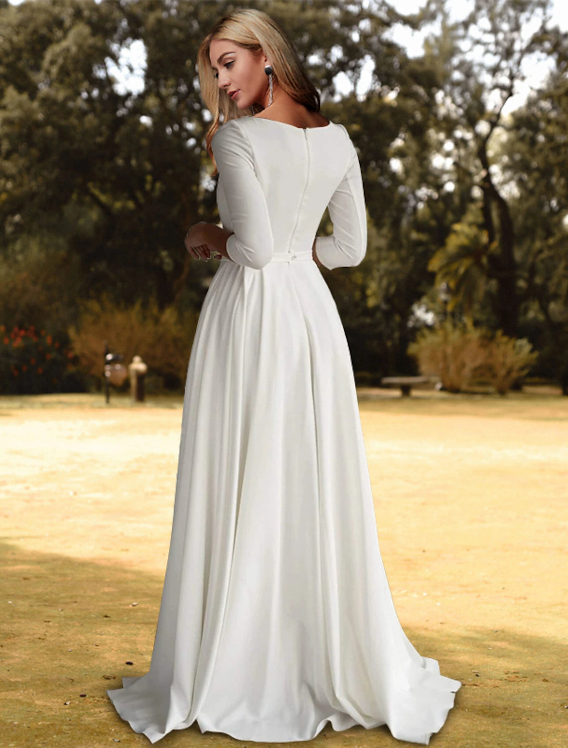 wholesale  Hall Casual Fall Wedding Dresses A-Line Scoop Neck 3/4 Length Sleeve Sweep / Brush Train Stretch Fabric Bridal Gowns With Pleats Solid Color
