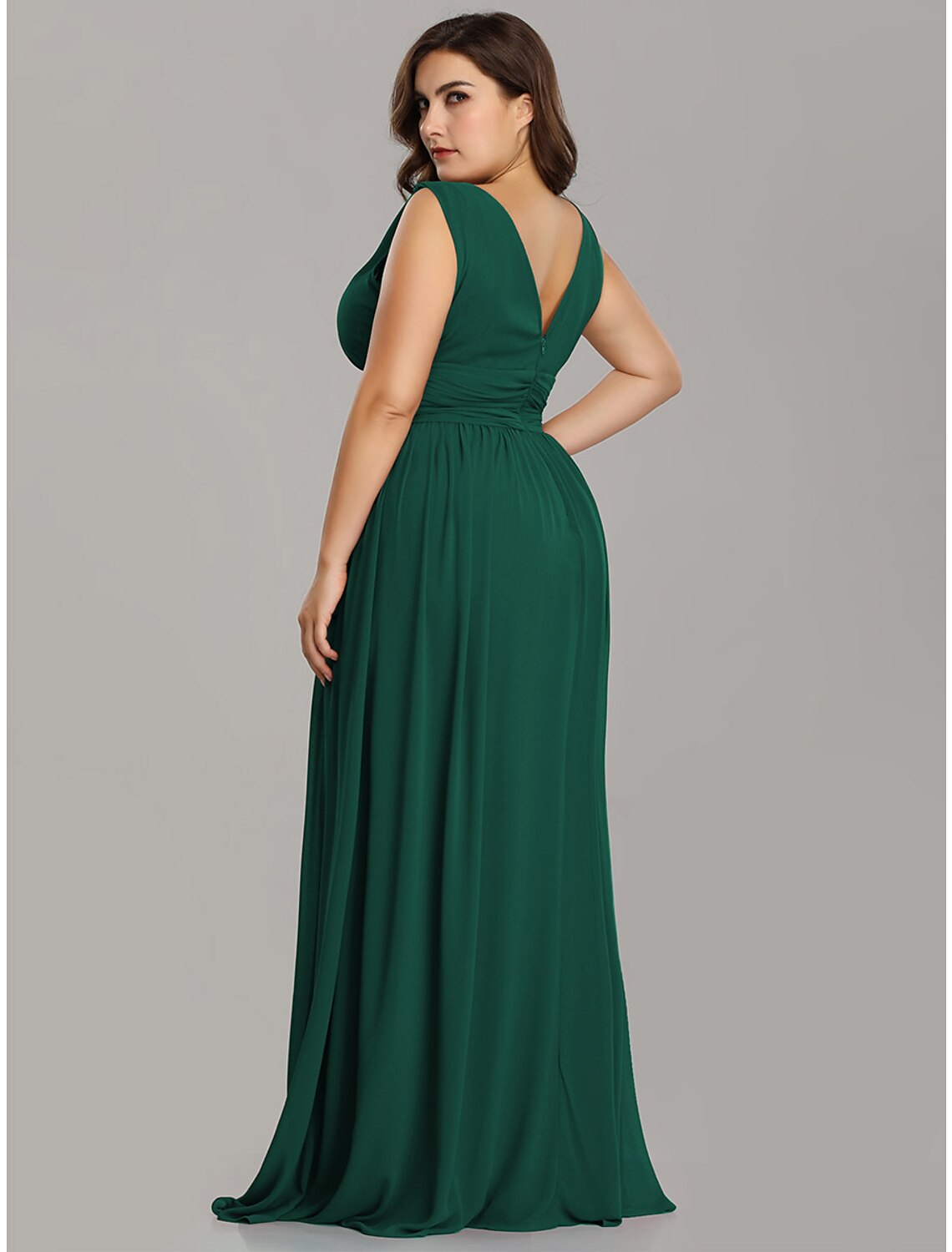 Wholesa A-Line Plus Size Wedding Guest Formal Evening Dress V Neck V Back Sleeveless Floor Length Chiffon with Pleats