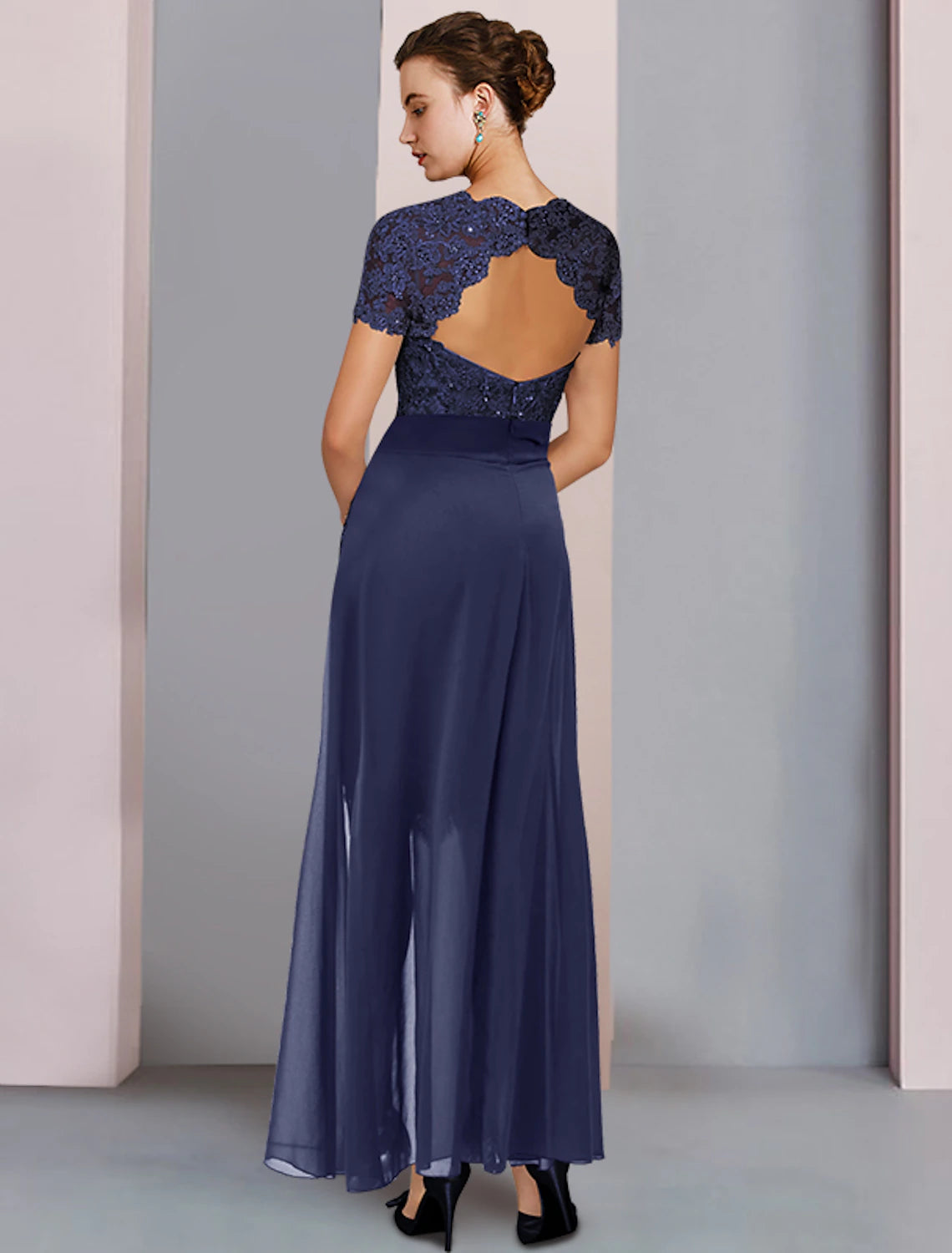 wholesale  Two Piece Sheath / Column Mother of the Bride Dress Formal Wedding Guest Elegant Square Neck Knee Length Chiffon Lace Short Sleeve with Bow(s) Beading