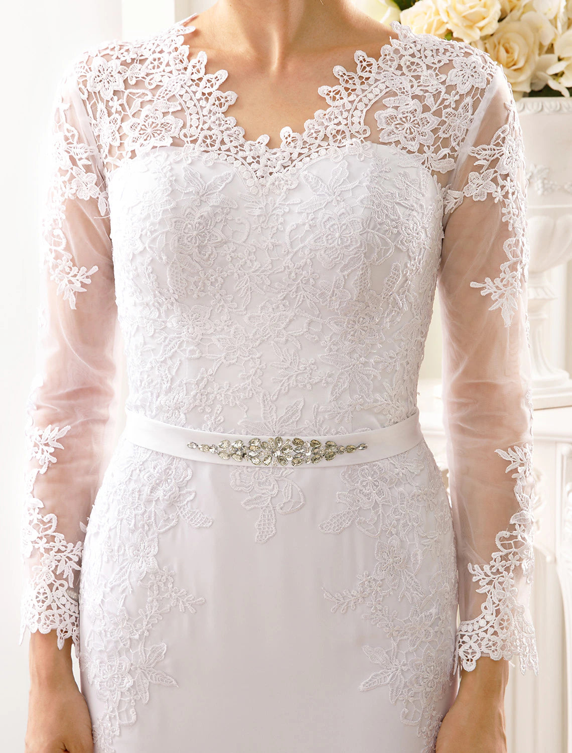wholesale  Engagement Open Back Fall Formal Wedding Dresses Mermaid / Trumpet Illusion Neck Long Sleeve Court Train Chiffon Bridal Gowns With Sash / Ribbon Appliques