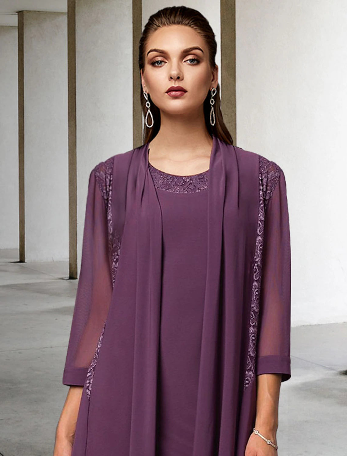 wholesale  Two Piece Sheath / Column Mother of the Bride Dress Elegant Jewel Neck Knee Length Chiffon Lace Sleeveless Jacket Dresses with Solid Color