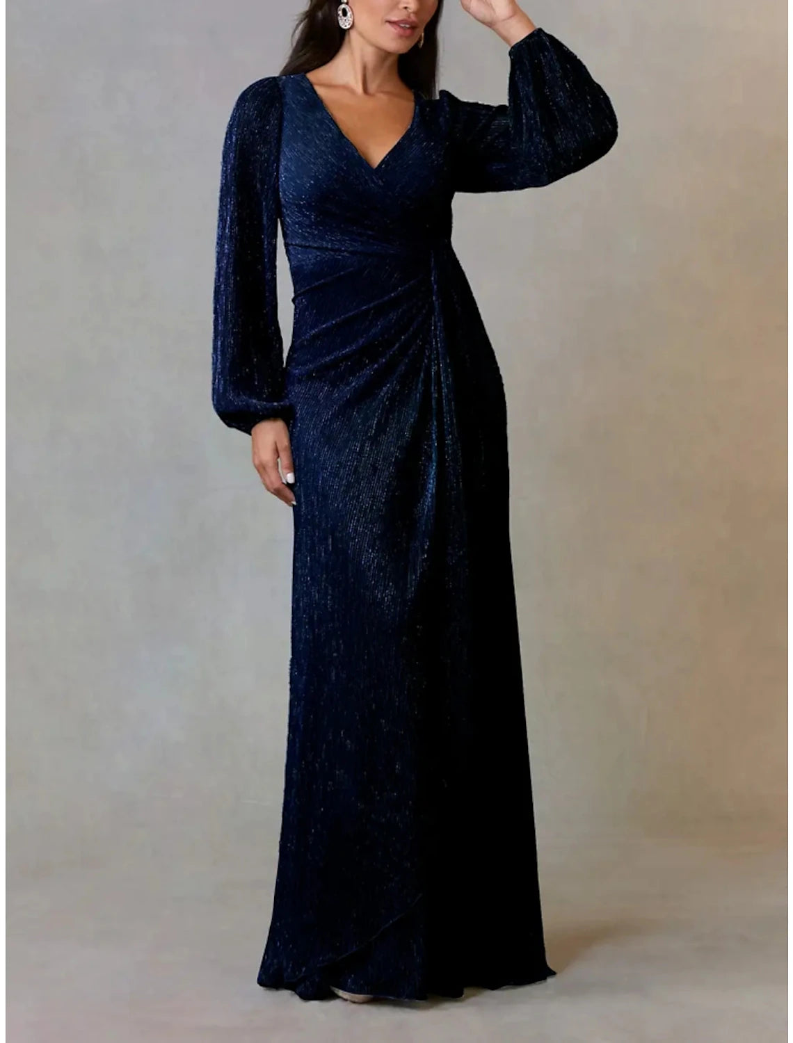 Wholesa  A-Line Mother of the Bride Dress Wedding Guest Simple Elegant V Neck Floor Length Chiffon Long Sleeve with Ruching Solid Color