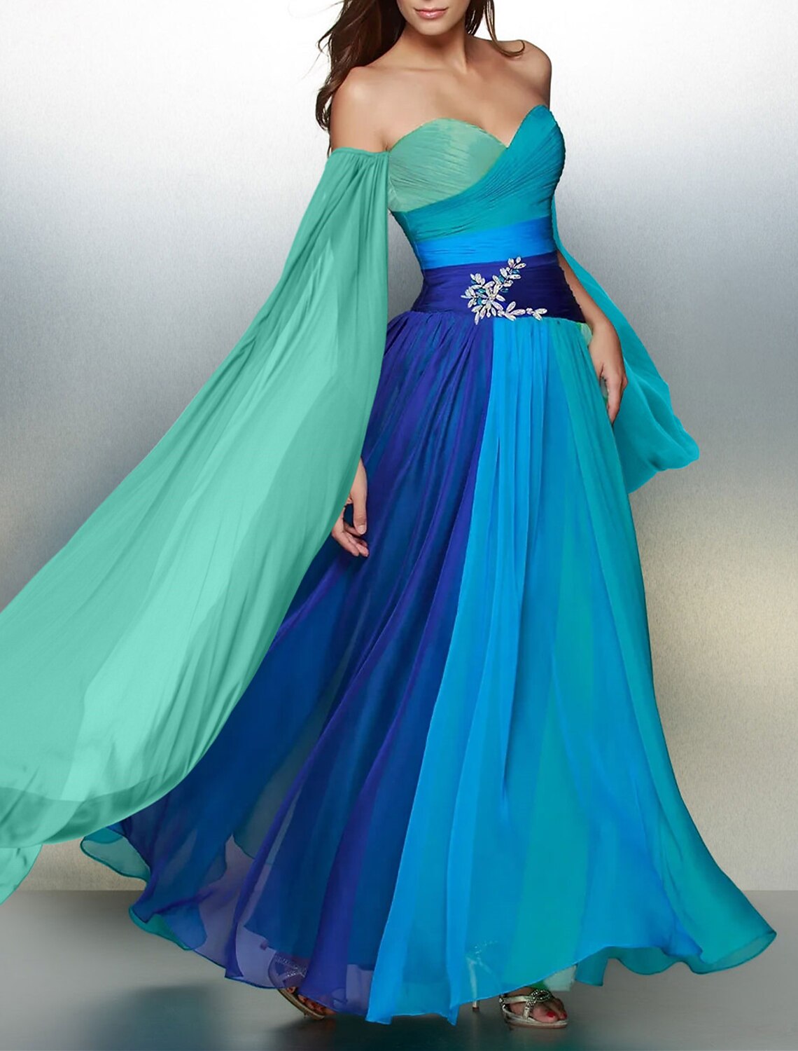 Wholesa A-Line Wedding Guest Dresses Color Block Dress Formal Evening Party Court Train Sleeveless Off Shoulder Chiffon with Rhinestone