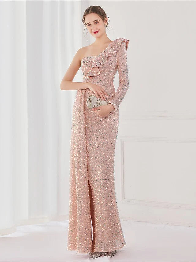 Wholesa Mermaid / Trumpet Evening Gown Elegant Dress Wedding Guest Floor Length Long Sleeve One Shoulder Sequined V Back with Sequin Slit