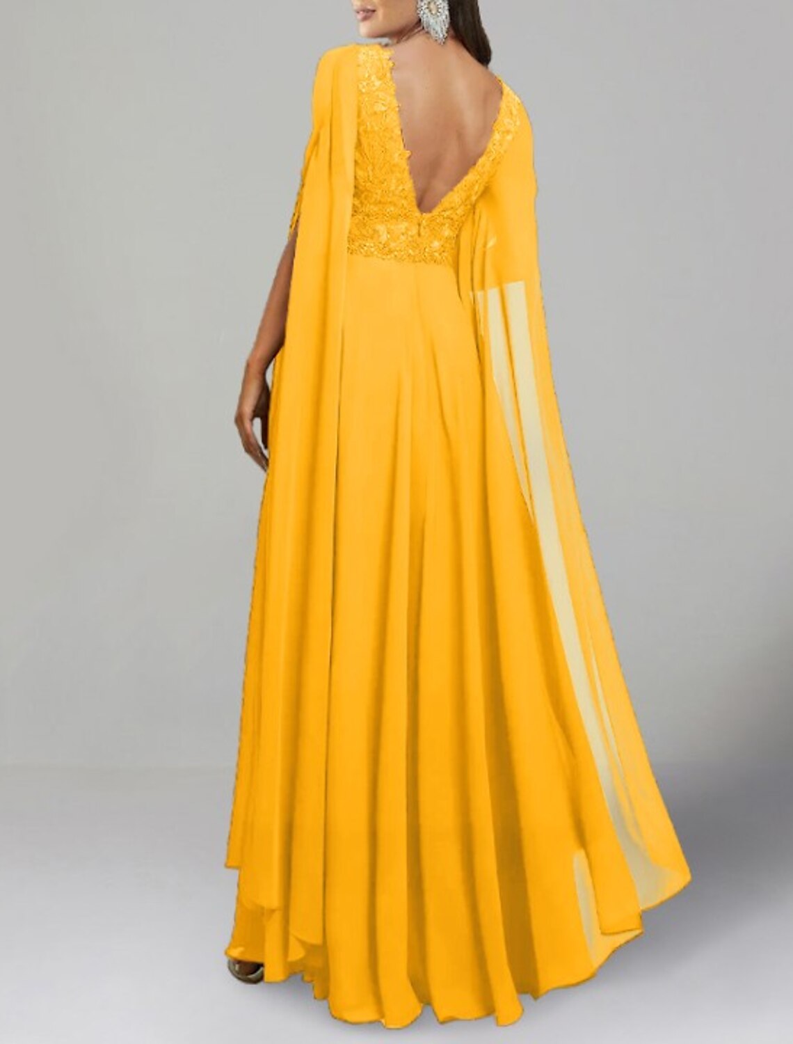 Wholesa A-Line Evening Gown Elegant Dress Formal Wedding Guest Floor Length Long Sleeve V Neck Chiffon Backless with Slit Appliques