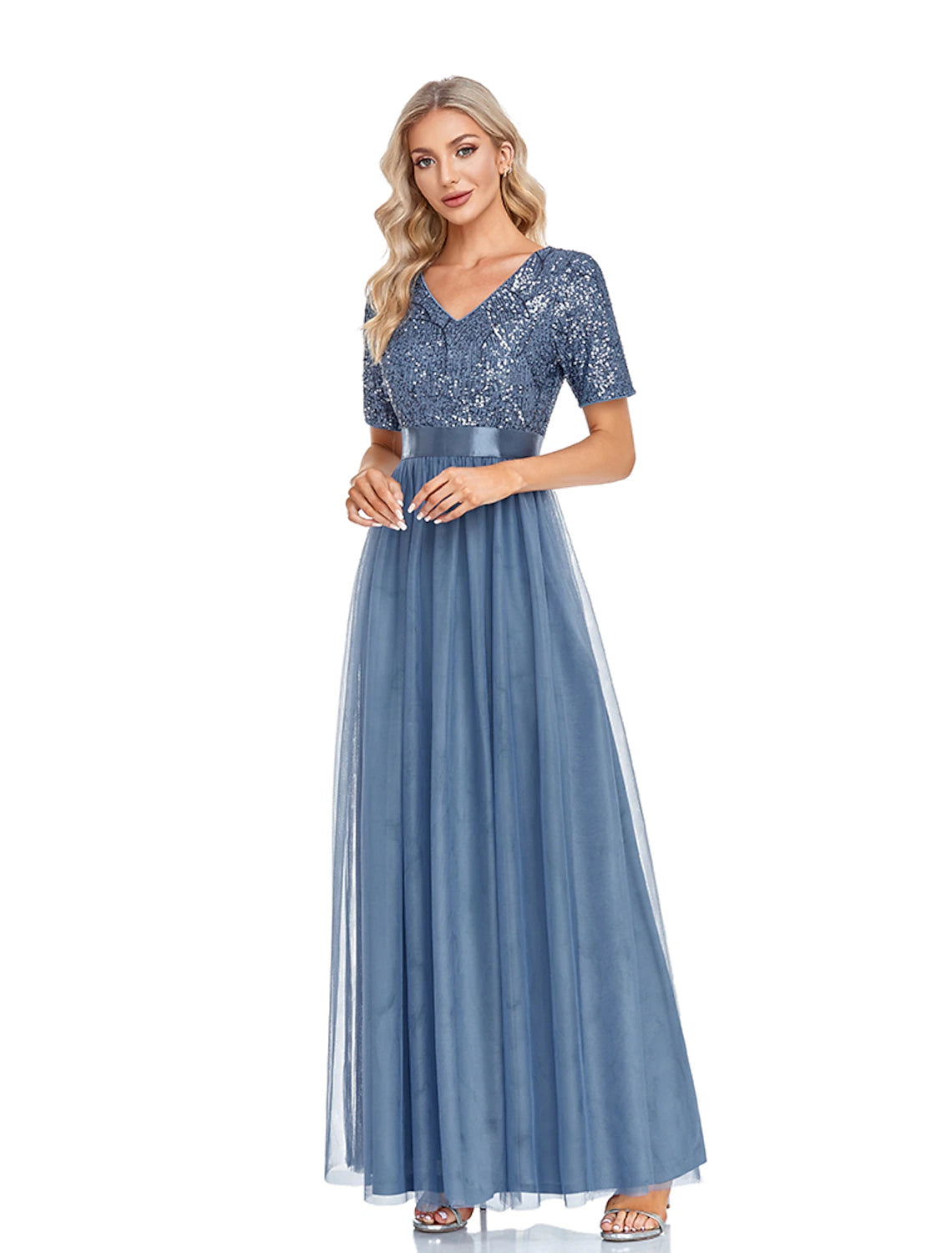 wholesa A-Line Evening Gown Sparkle & Shine Dress Wedding Guest Prom Floor Length Short Sleeve V Neck Bridesmaid Dress Tulle with Sequin Splicing