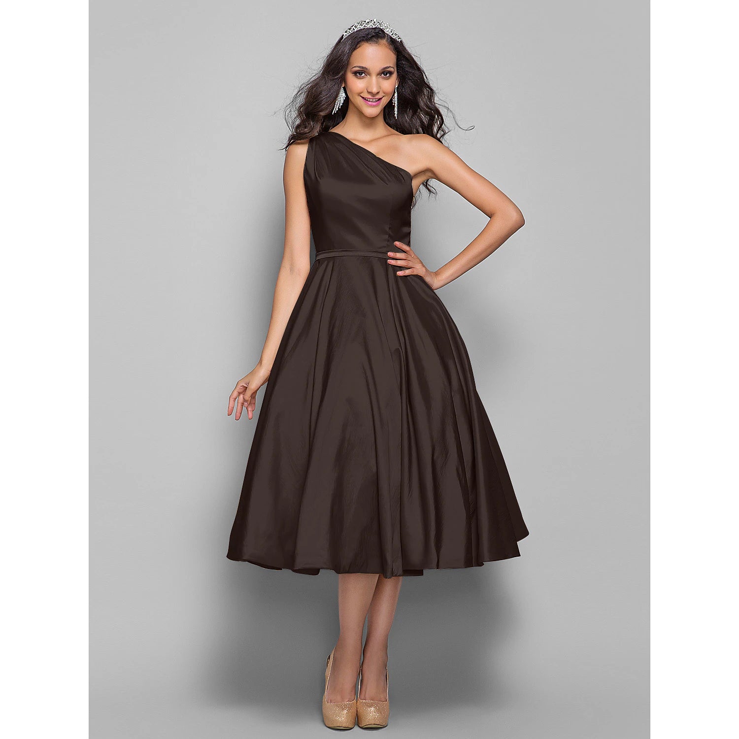 wholesale  A-Line Minimalist Elegant Cocktail Party Wedding Party Dress One Shoulder Sleeveless Tea Length Taffeta with Sash / Ribbon