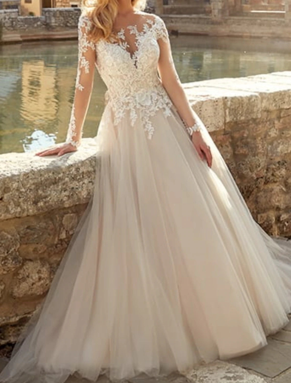 Wholesa Engagement Formal Wedding Dresses A-Line Illusion Neck Long Sleeve Sweep / Brush Train Lace Bridal Gowns With Appliques