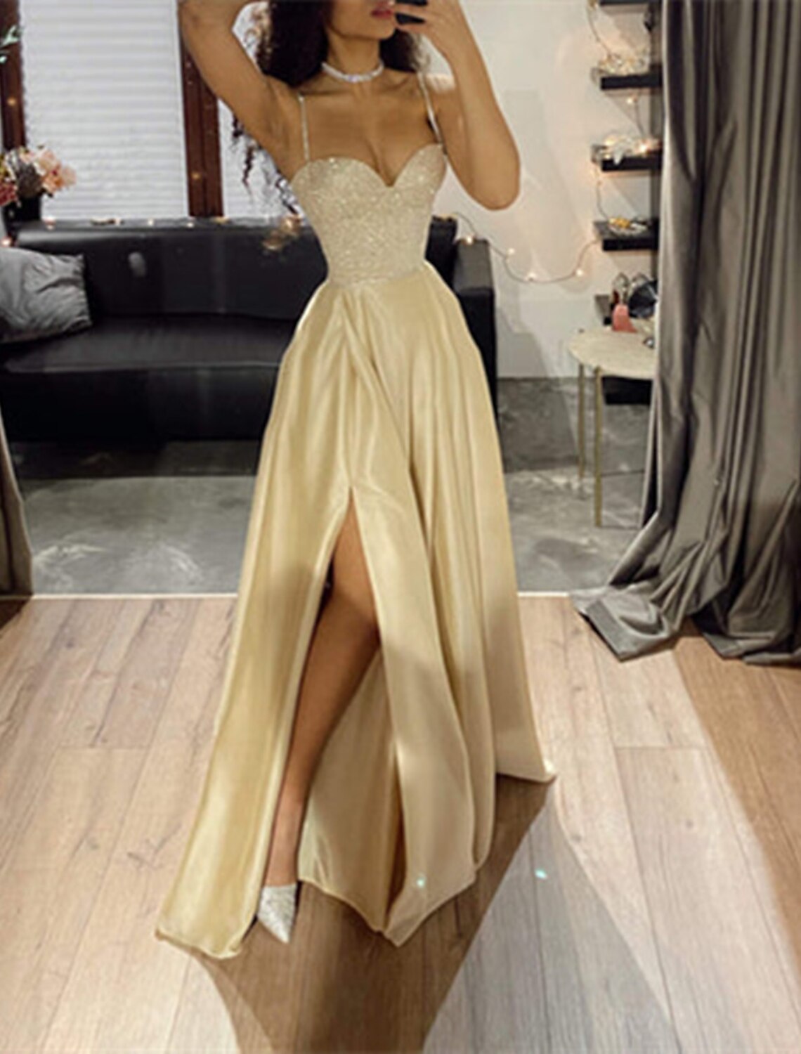 Wholesa A-Line Prom Dresses Glittering Dress Wedding Guest Wedding Party Court Train Sleeveless Spaghetti Strap Tulle with Sequin