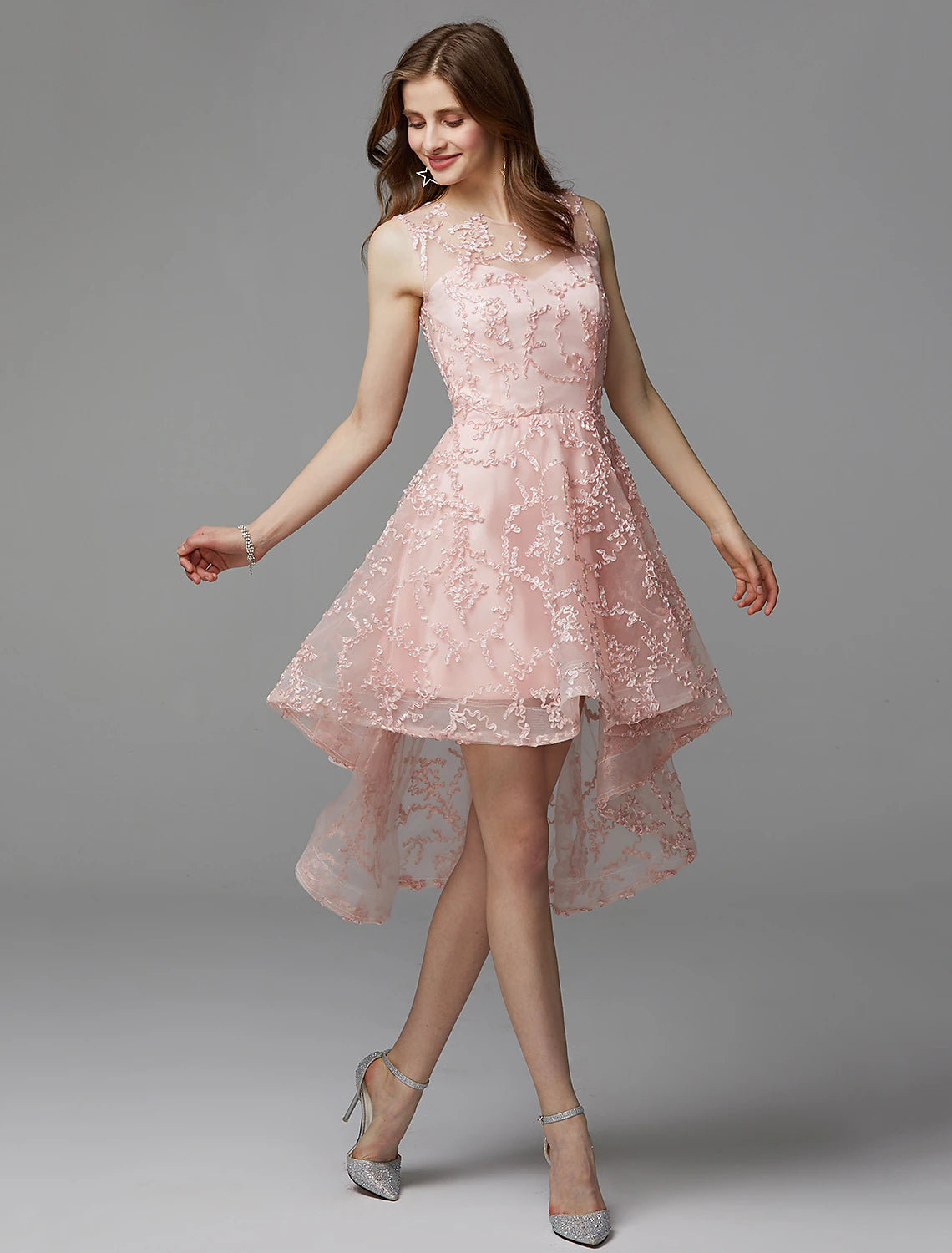 wholesa A-Line Hot Dress Wedding Guest Cocktail Party Asymmetrical Sleeveless Illusion Neck Tulle with Appliques