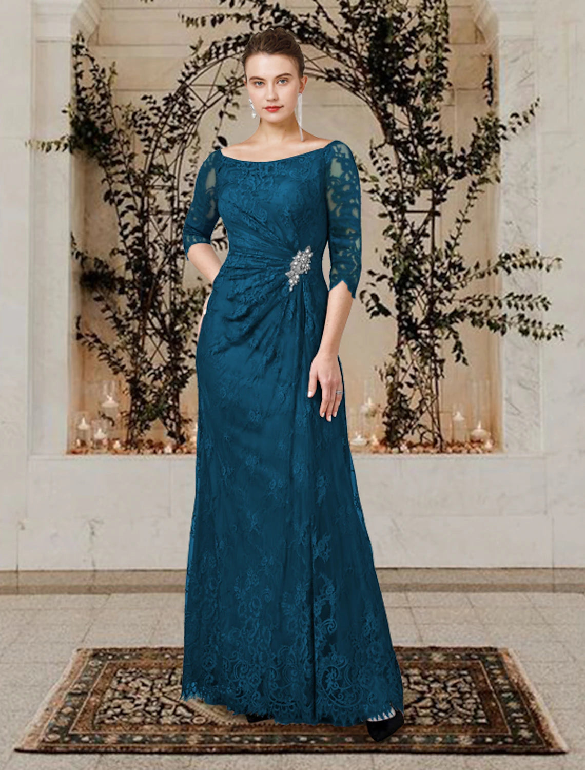 wholesale  A-Line Mother of the Bride Dress Wedding Guest Plus Size Elegant Jewel Neck Floor Length Lace Short Sleeve with Ruffles Crystal Brooch Side-Draped Fal