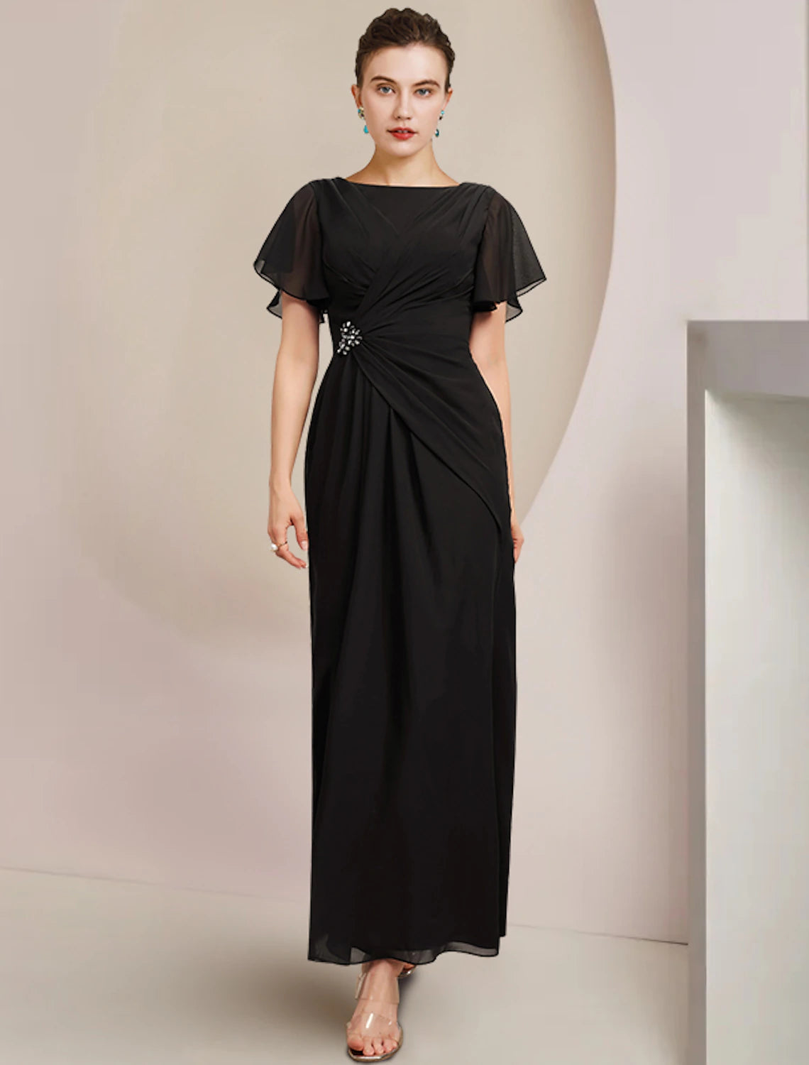 wholesale  Sheath / Column Mother of the Bride Dress Wedding Guest Elegant Scoop Neck Ankle Length Chiffon Short Sleeve with Crystal Brooch Side-Draped