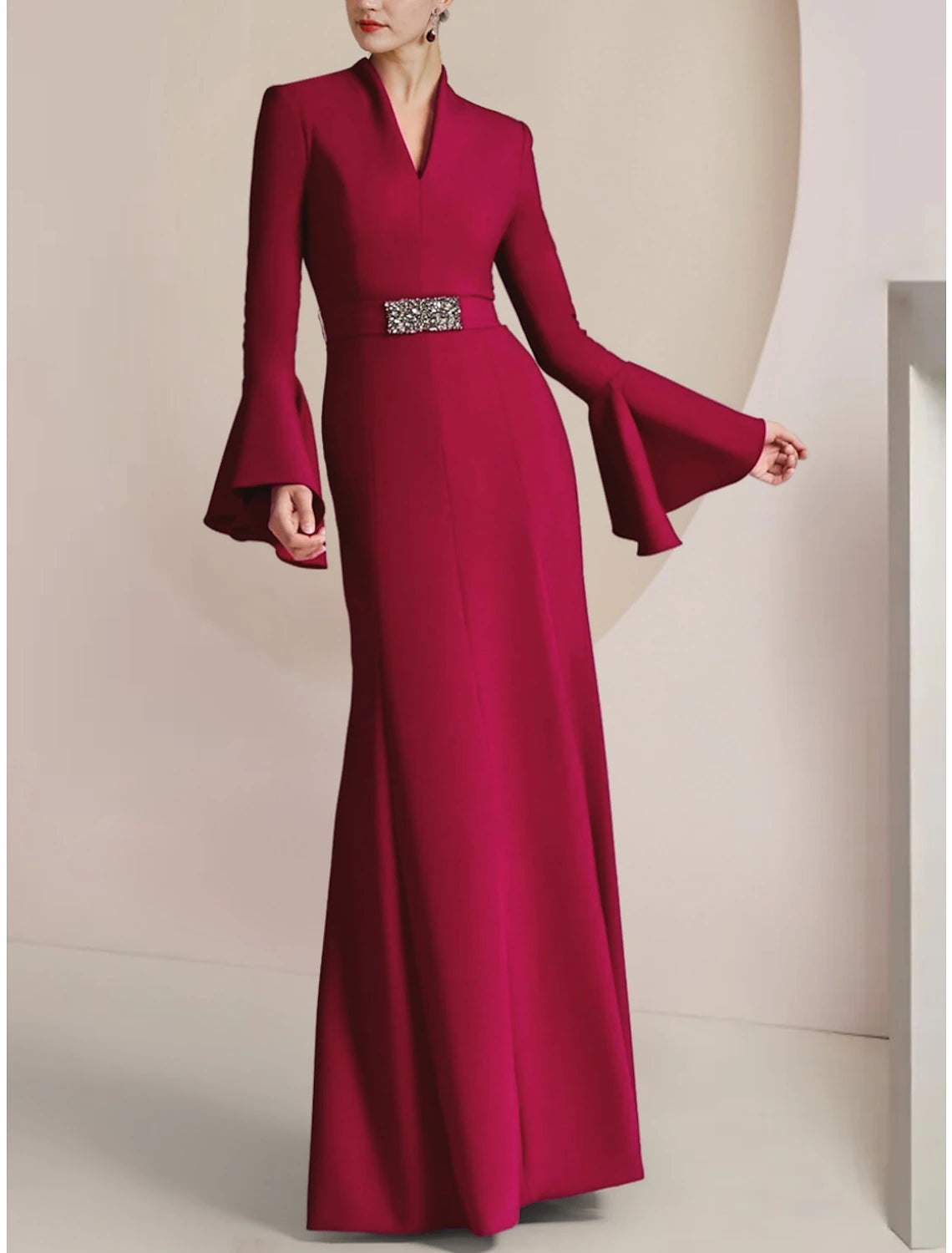 Wholesa A-Line Mother of the Bride Dress Wedding Guest Elegant Party V Neck Floor Length Stretch Chiffon Long Sleeve with Pleats Crystal Brooch