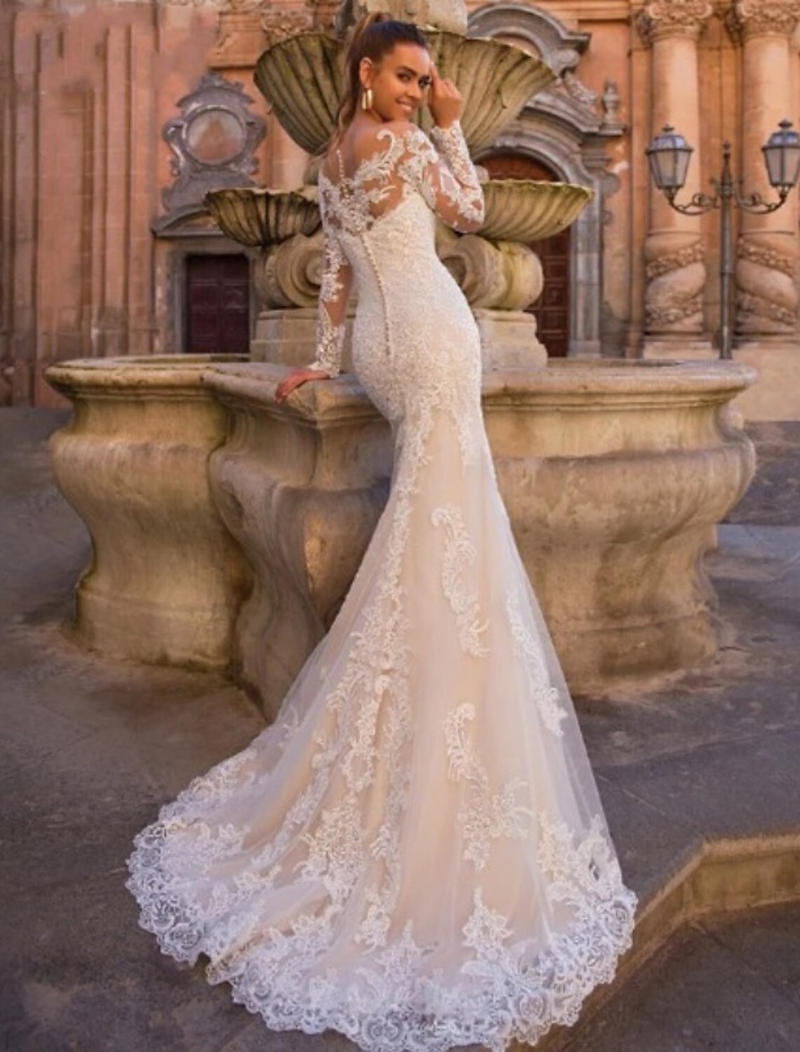 wholesale  Engagement Formal Wedding Dresses Two Piece Sweetheart Long Sleeve Court Train Lace Bridal Gowns With Appliques