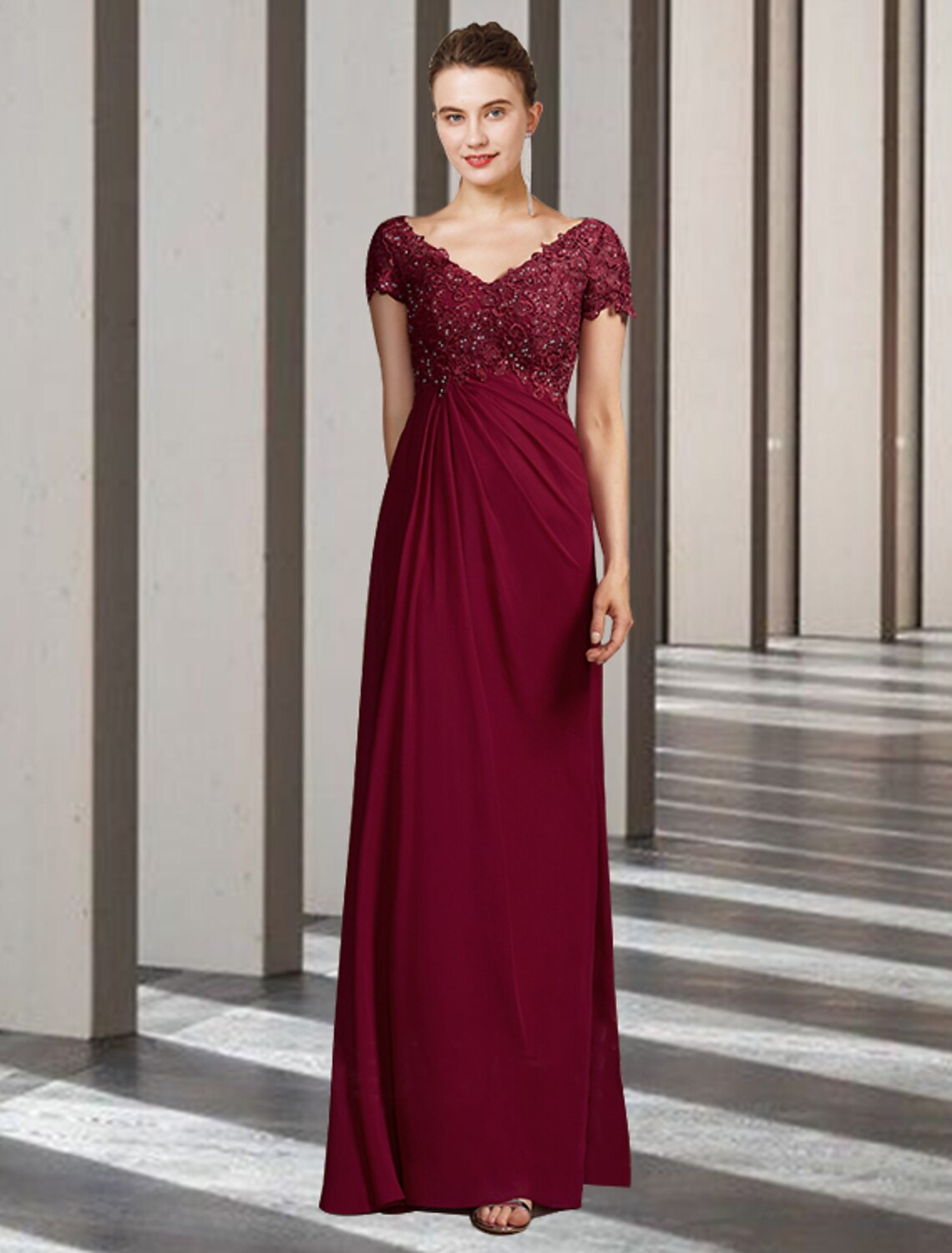 wholesale  Sheath / Column Mother of the Bride Dress Elegant V Neck Floor Length Chiffon Lace Short Sleeve with Appliques