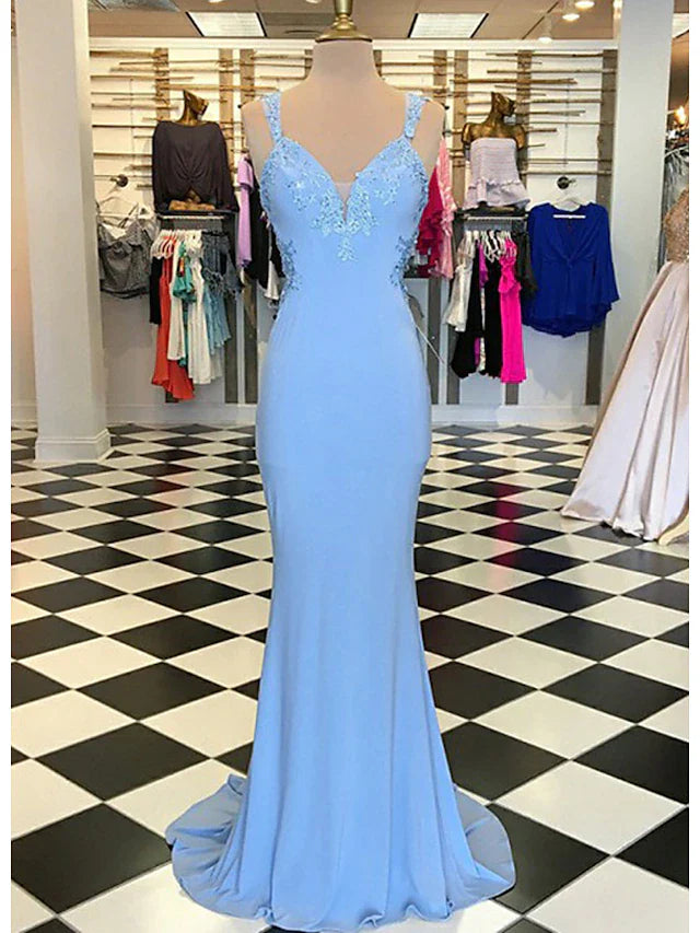 Wholesa Trumpet/Mermaid Scalloped Neck Sleeveless Sweep Train Satin Prom Dress With Appliqued