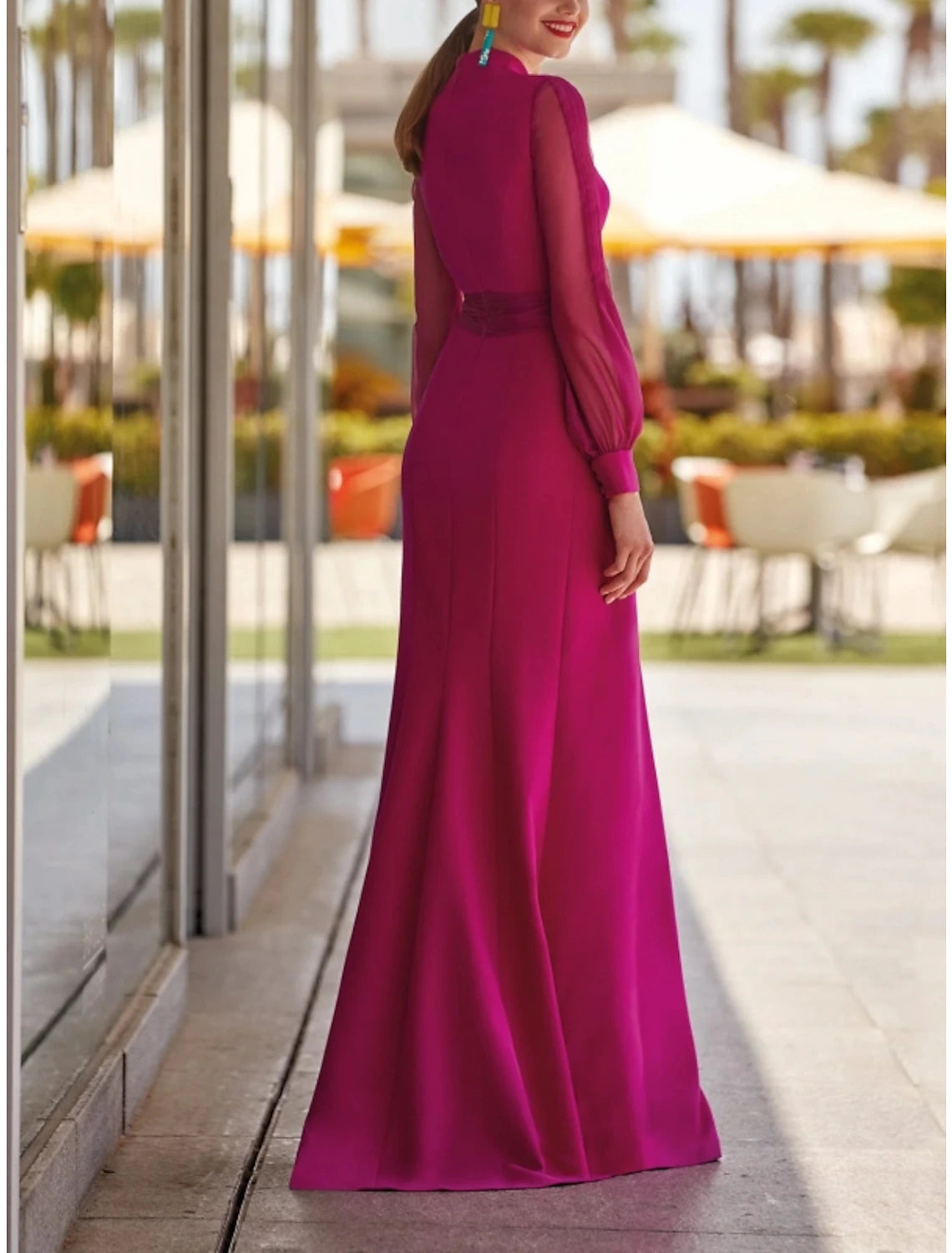 Wholesa Sheath / Column Evening Gown High Split Dress Formal Wedding Guest Floor Length Long Sleeve V Neck Chiffon with Slit Strappy