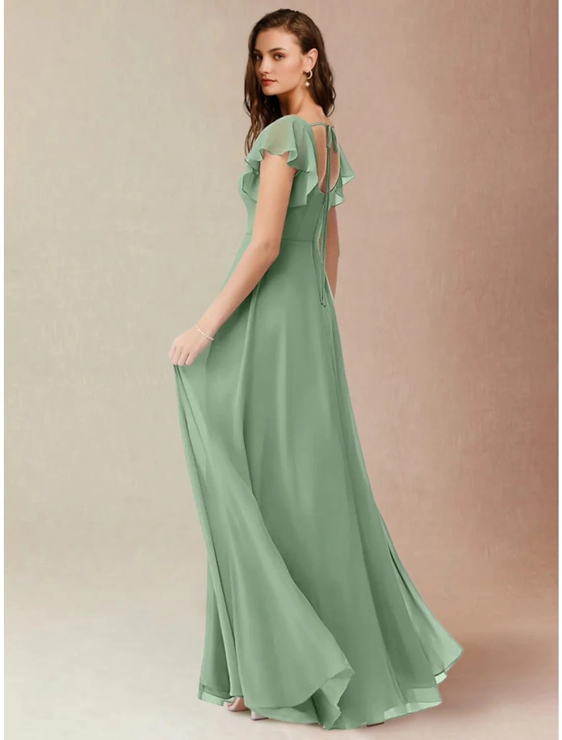 Wholesa  A-Line Bridesmaid Dress Square Neck Short Sleeve Elegant Floor Length Chiffon with Split Front / Ruching