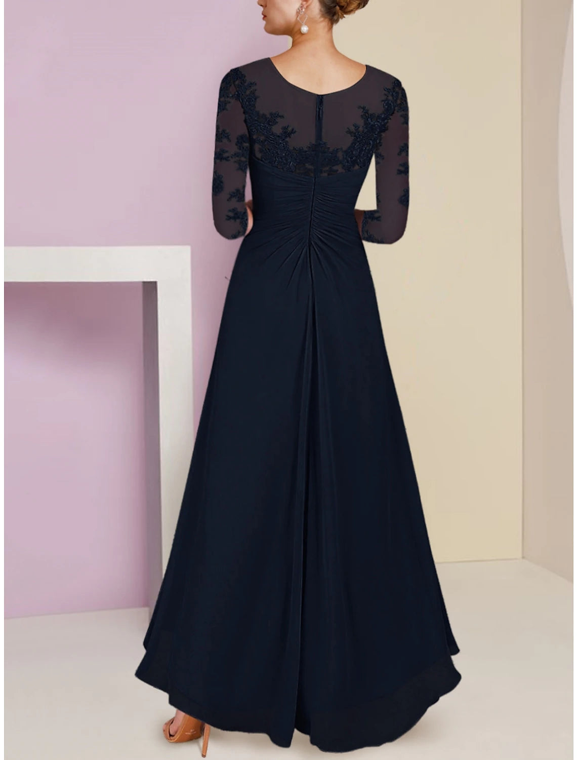 Wholesa A-Line Mother of the Bride Dress Wedding Guest Elegant Scoop Neck Asymmetrical Ankle Length Chiffon 3/4 Length Sleeve with Lace Sequin Ruching