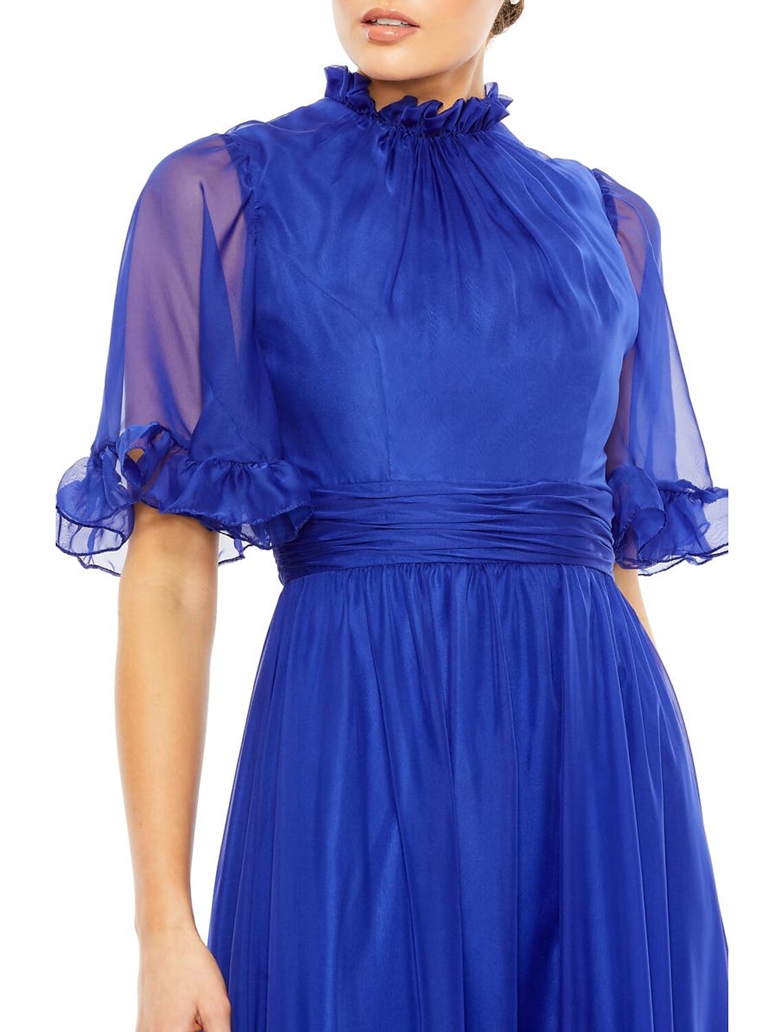 Wholesa A-Line Evening Gown Elegant Dress Wedding Guest Black Tie Floor Length Short Sleeve High Neck Chiffon with Ruched