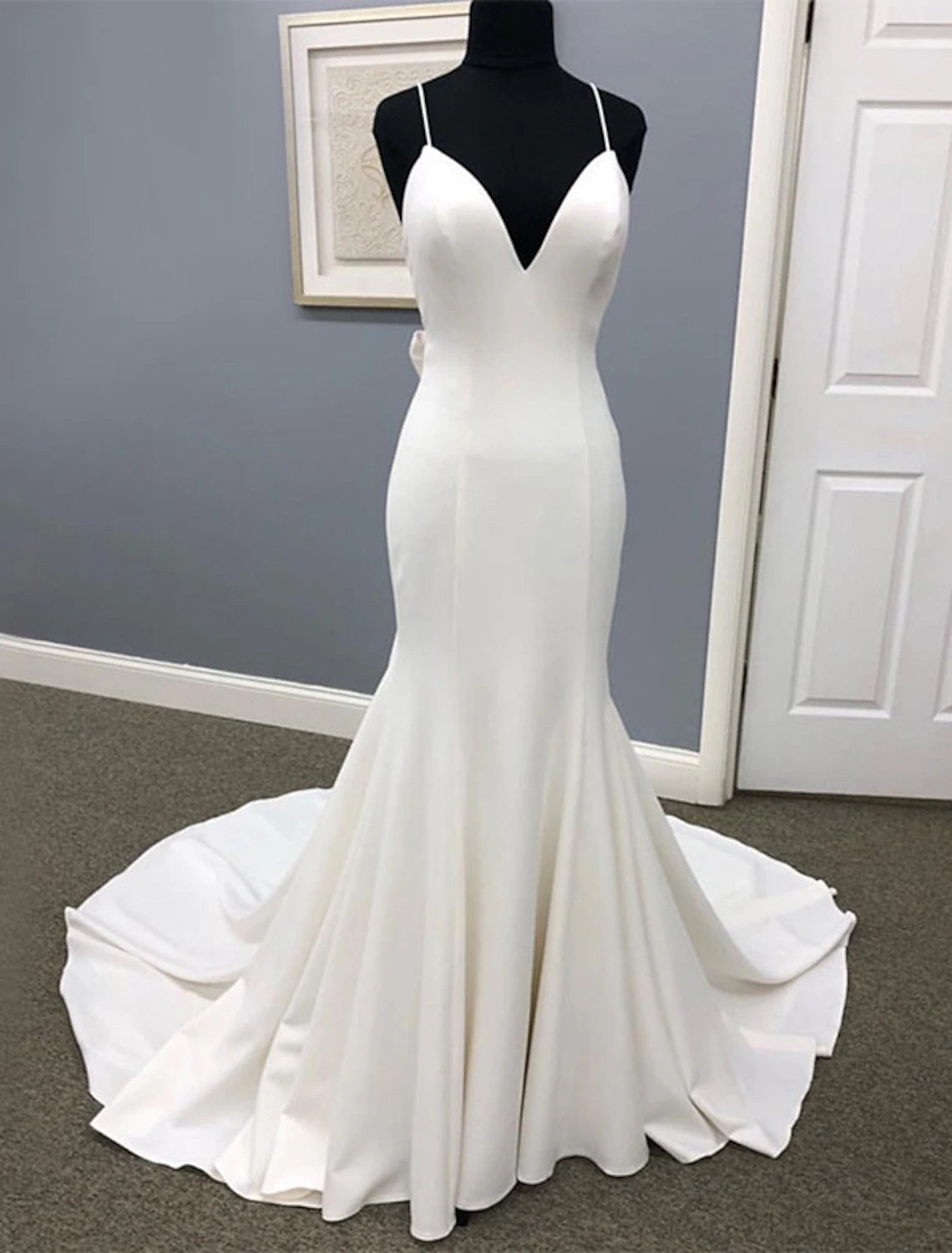 wholesale  Hall Casual Wedding Dresses Mermaid / Trumpet Sweetheart Camisole Spaghetti Strap Court Train Satin Outdoor Bridal Gowns With Bow(s)