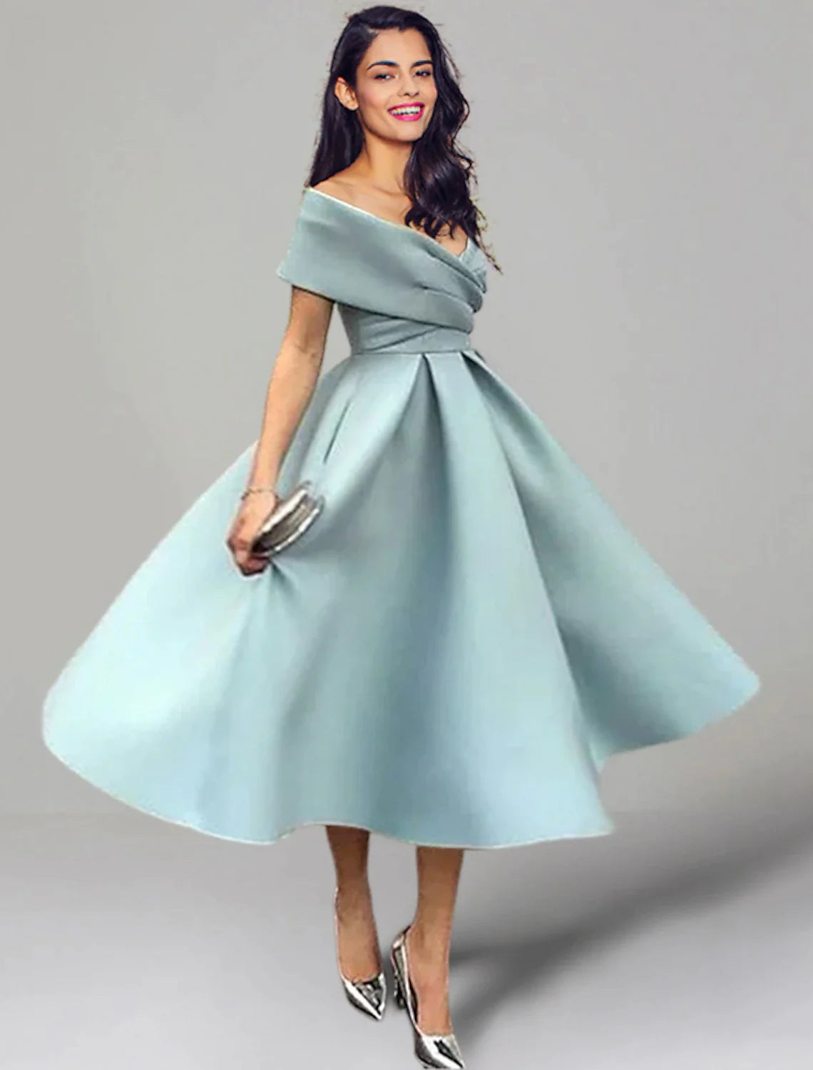 Wholesa A-Line Wedding Guest Dresses 1950s Dress Summer Tea Length Sleeveless Off Shoulder Satin with Ruched