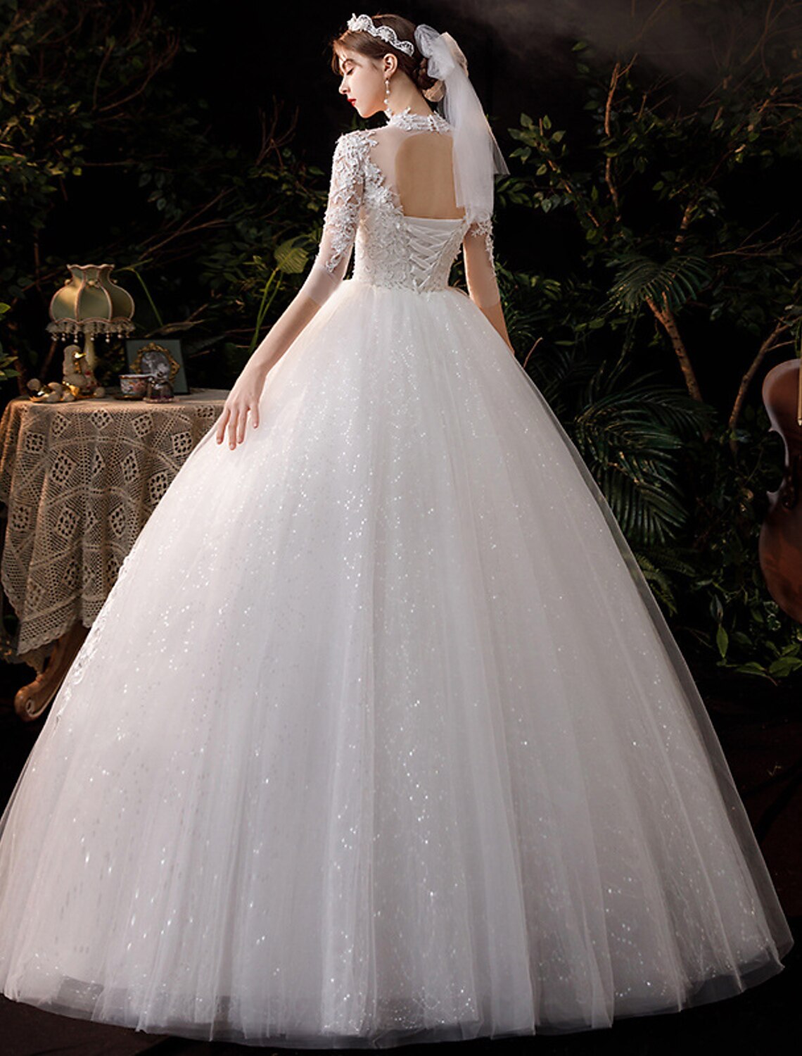 wholesale  Wedding Dresses Floor Length Ball Gown Half Sleeve High Neck Lace With Appliques