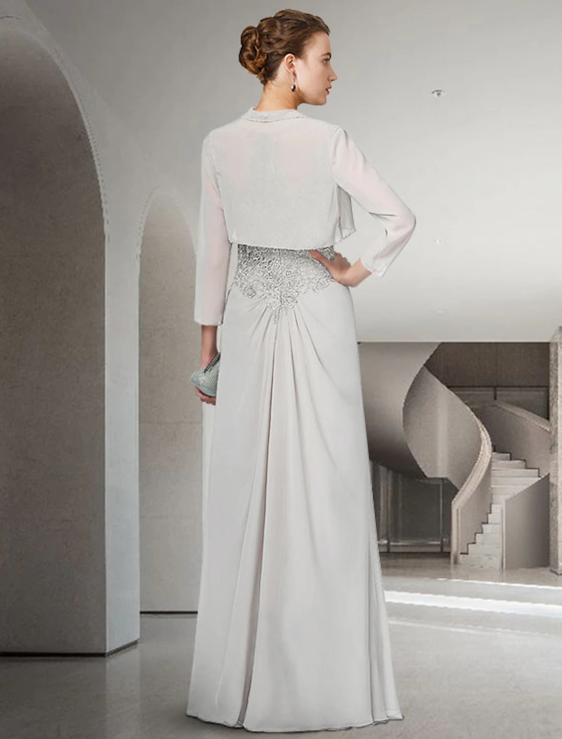 wholesale   Two Piece Sheath / Column Mother of the Bride Dress Elegant Jewel Neck Floor Length Chiffon Lace 3/4 Length Sleeve Wrap Included with Ruffles Appliques