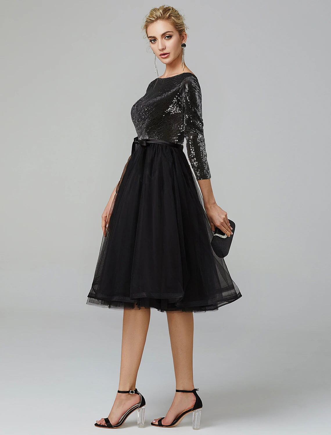 Wholesa  A-Line Cocktail Dresses Sparkle & Shine Dress Formal Wedding Guest Tea Length 3/4 Length Sleeve Jewel Neck Fall Wedding Guest Tulle with Sequin Strappy