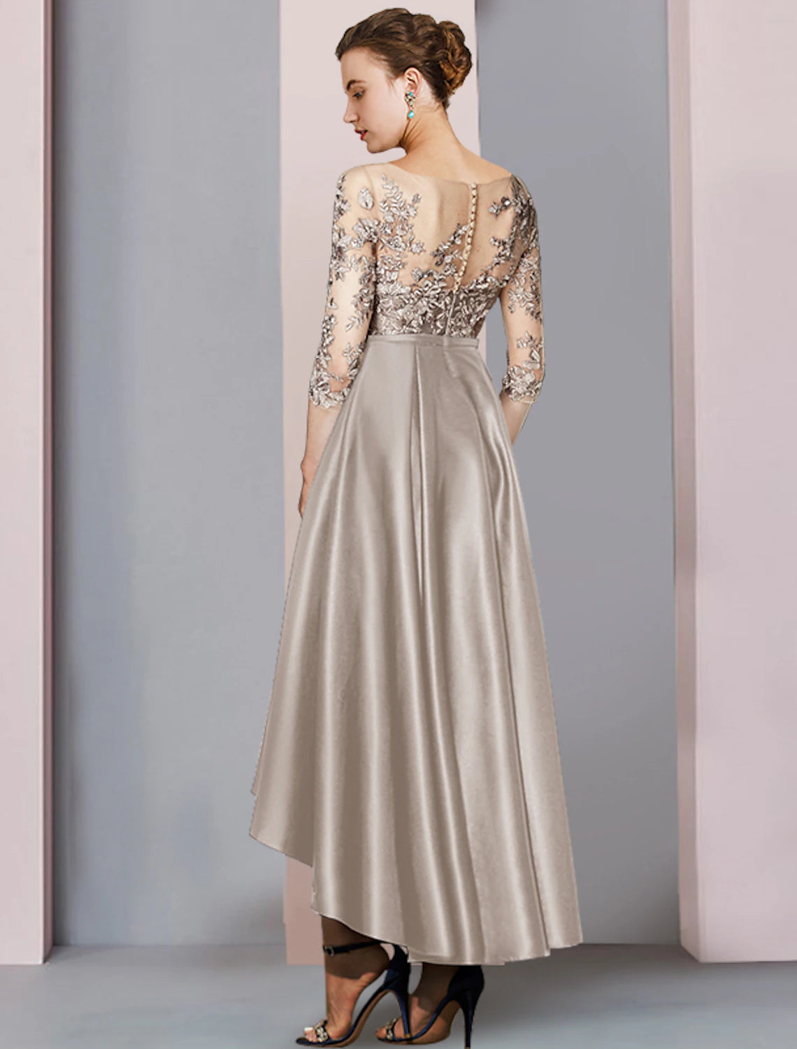 wholesale  A-Line Mother of the Bride Dress Wedding Guest Elegant High Low Scoop Neck Asymmetrical Tea Length Satin Lace Half Sleeve with Pleats Appliques