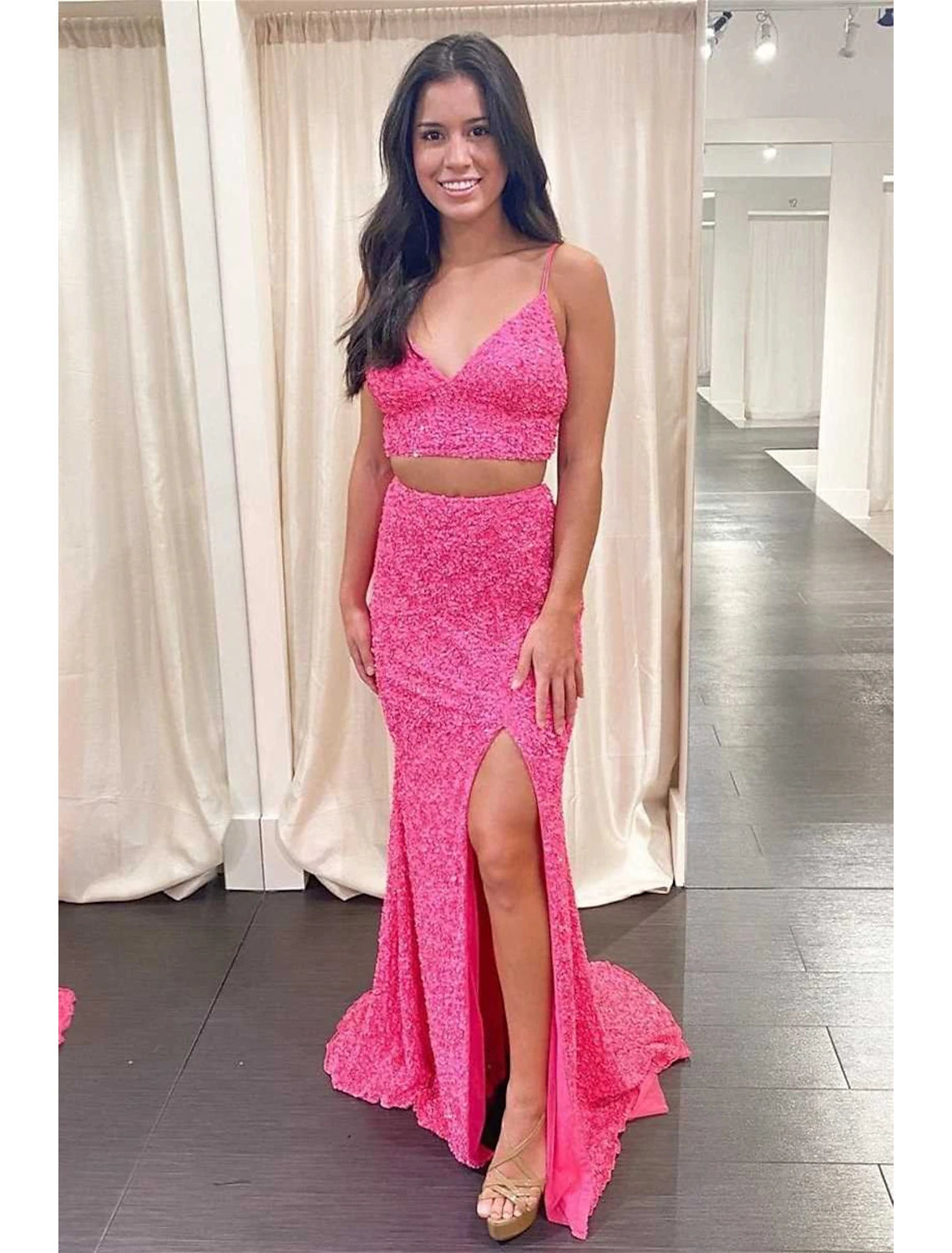 Wholesa Two Piece Ball Gown Mermaid / Trumpet Prom Dresses Sparkle & Shine Dress Party Wear Prom Sweep / Brush Train Sleeveless Spaghetti Strap Sequined Backless with Sequin Slit