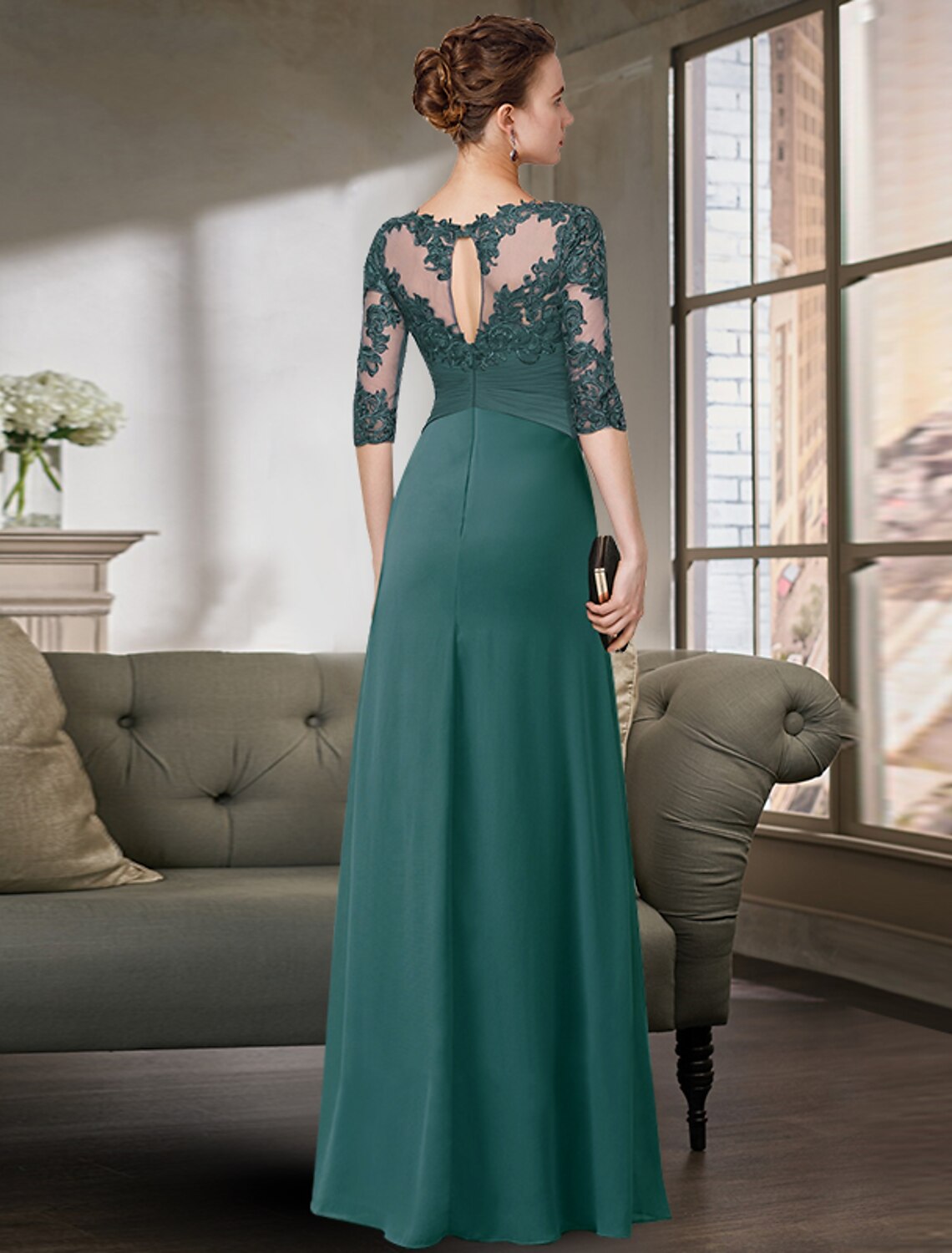 wholesale  Sheath / Column Mother of the Bride Dress Simple Elegant Jewel Neck Floor Length Chiffon Lace Half Sleeve with Pleats Solid Color