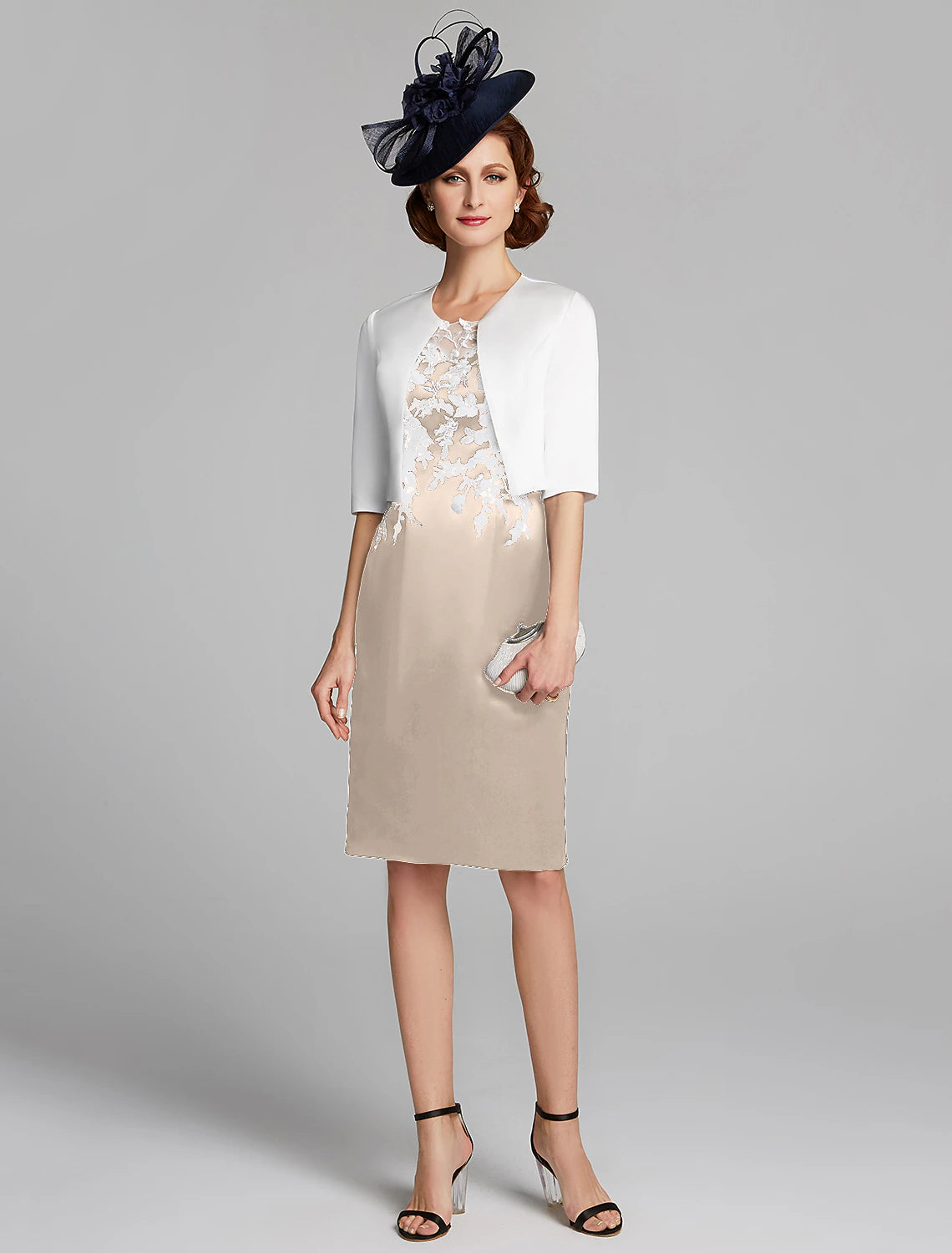 wholesale  Sheath / Column Mother of the Bride Dress Wrap Included Jewel Neck Knee Length Satin Lace Sleeveless with Appliques